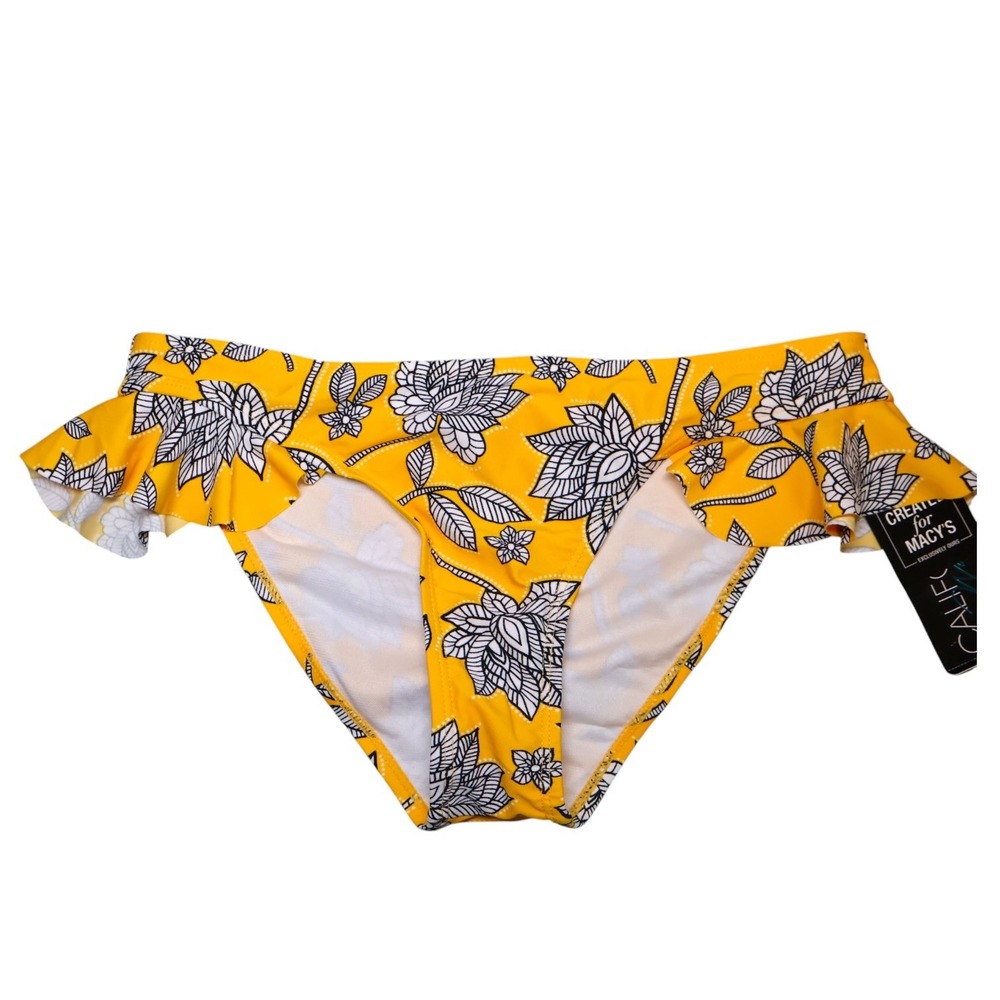 California Waves Ruffle Side Bikini Bottom S Yellow Floral Print NWT